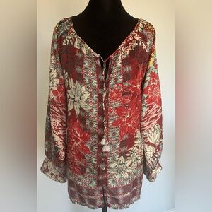Johnny Was Ikat Blise Blouse Silk Floral Button Tunic Top Size XL